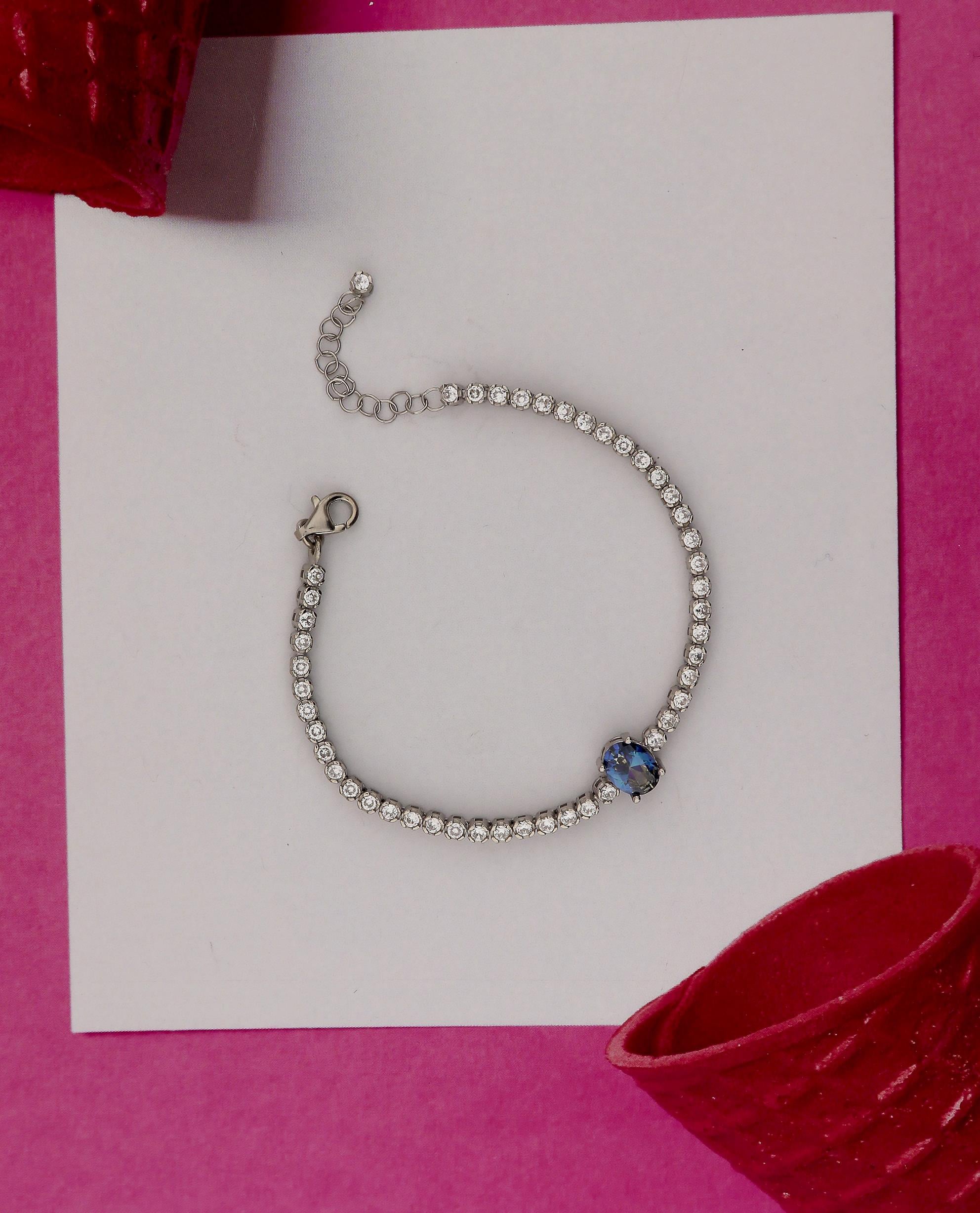 925 Ayar Gümüş Işıltılı Oval Blue Topaz Taşlı Tenis Bileklik