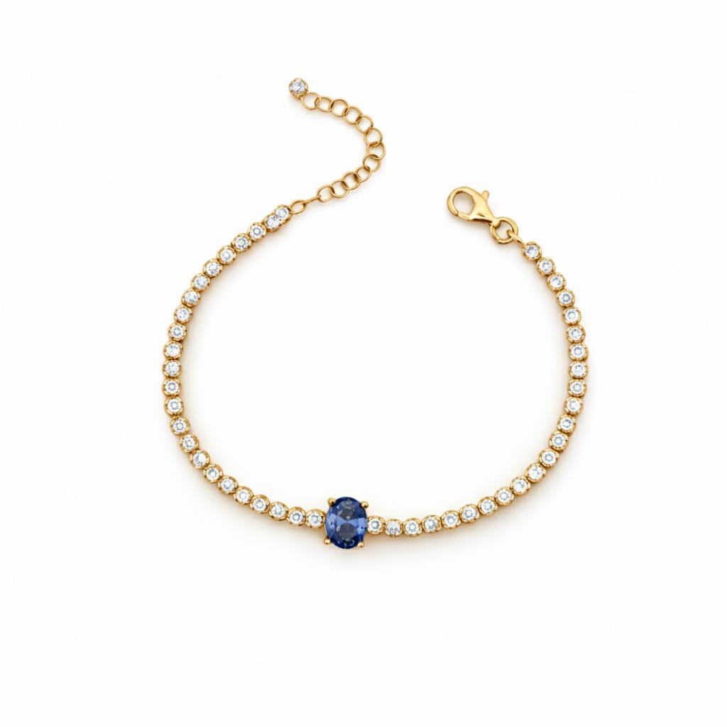 925 Ayar Gümüş Işıltılı Oval Blue Topaz Taşlı Tenis Bileklik