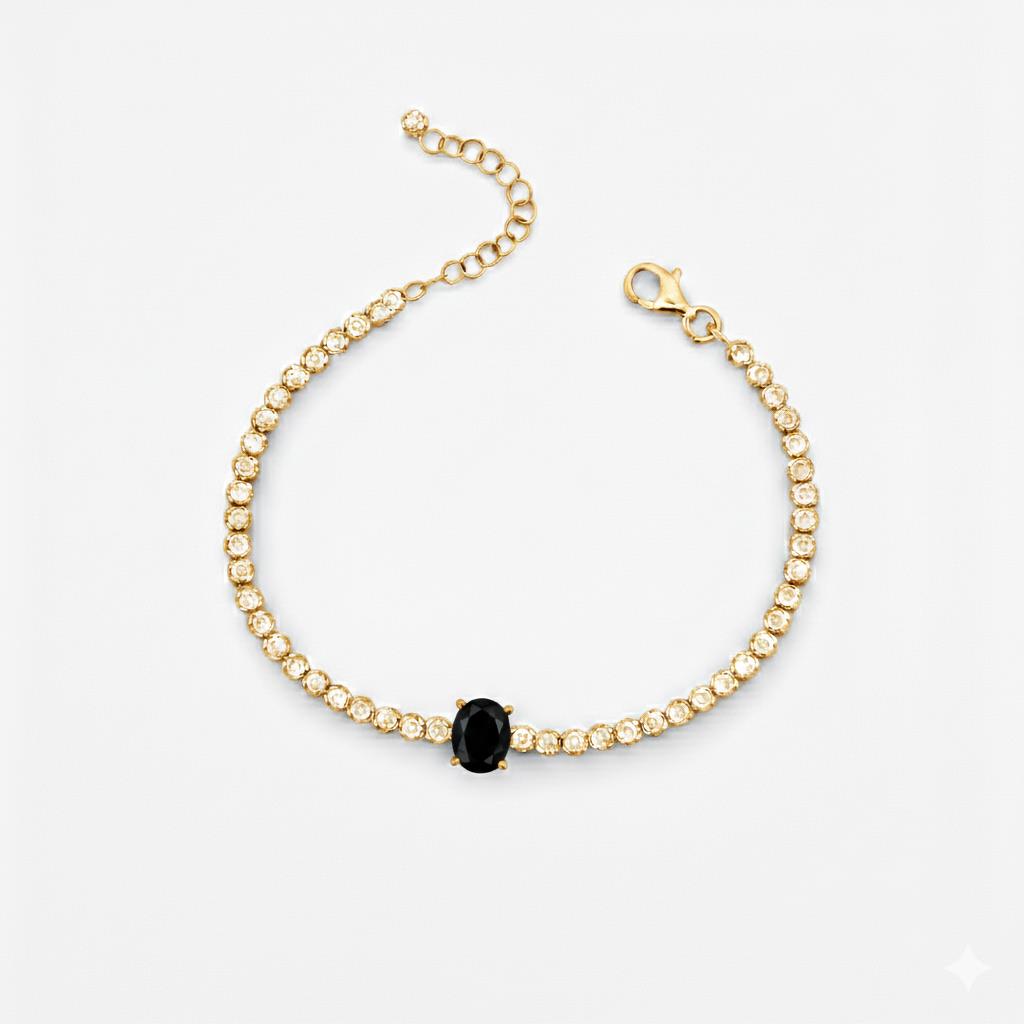 925 Ayar Gümüş Işıltılı Siyah Oval Taşlı Tenis Bileklik