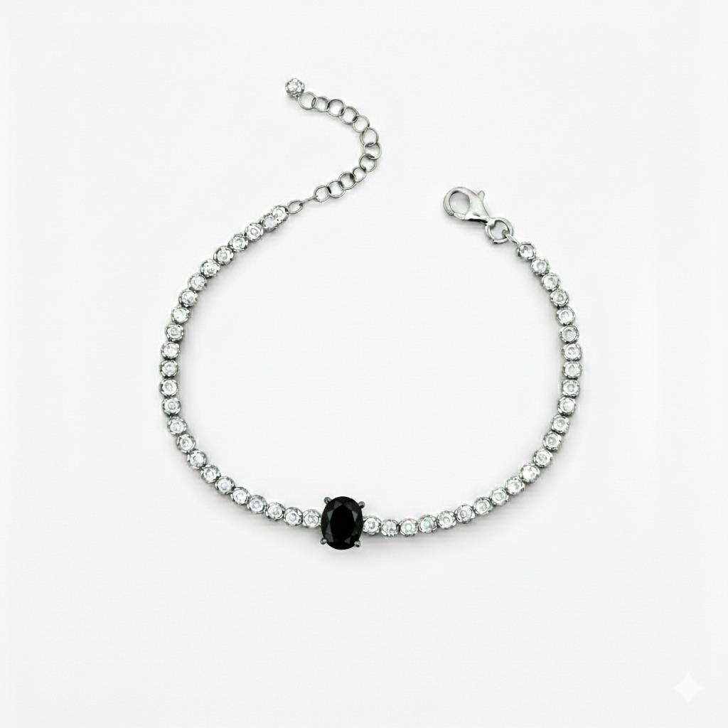 925 Ayar Gümüş Işıltılı Siyah Oval Taşlı Tenis Bileklik