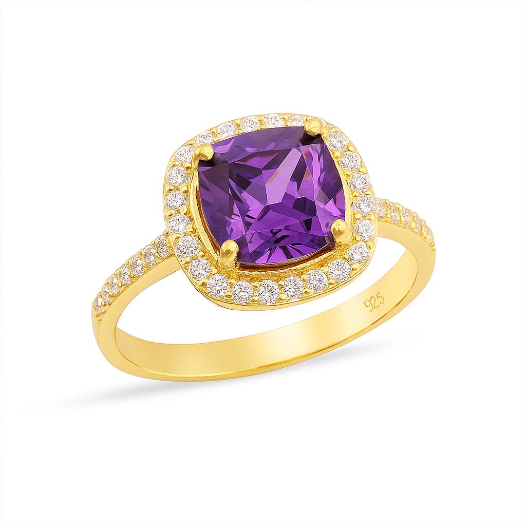 925 Ayar Gümüş Kare Pırlanta Montür Ametist Taşlı Yüzük
