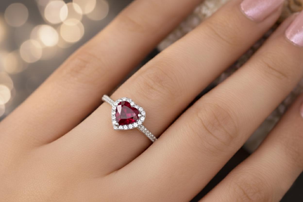 925 Ayar Gümüş Kırmızı Swarovski Kalp Yüzük