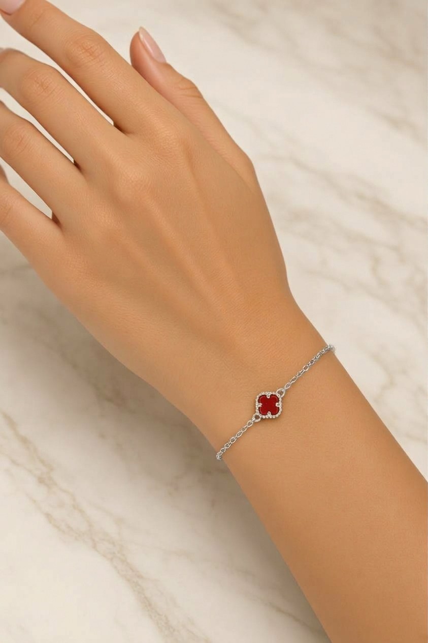 925 Ayar Gümüş Kırmızı Yonca Model  Bileklik