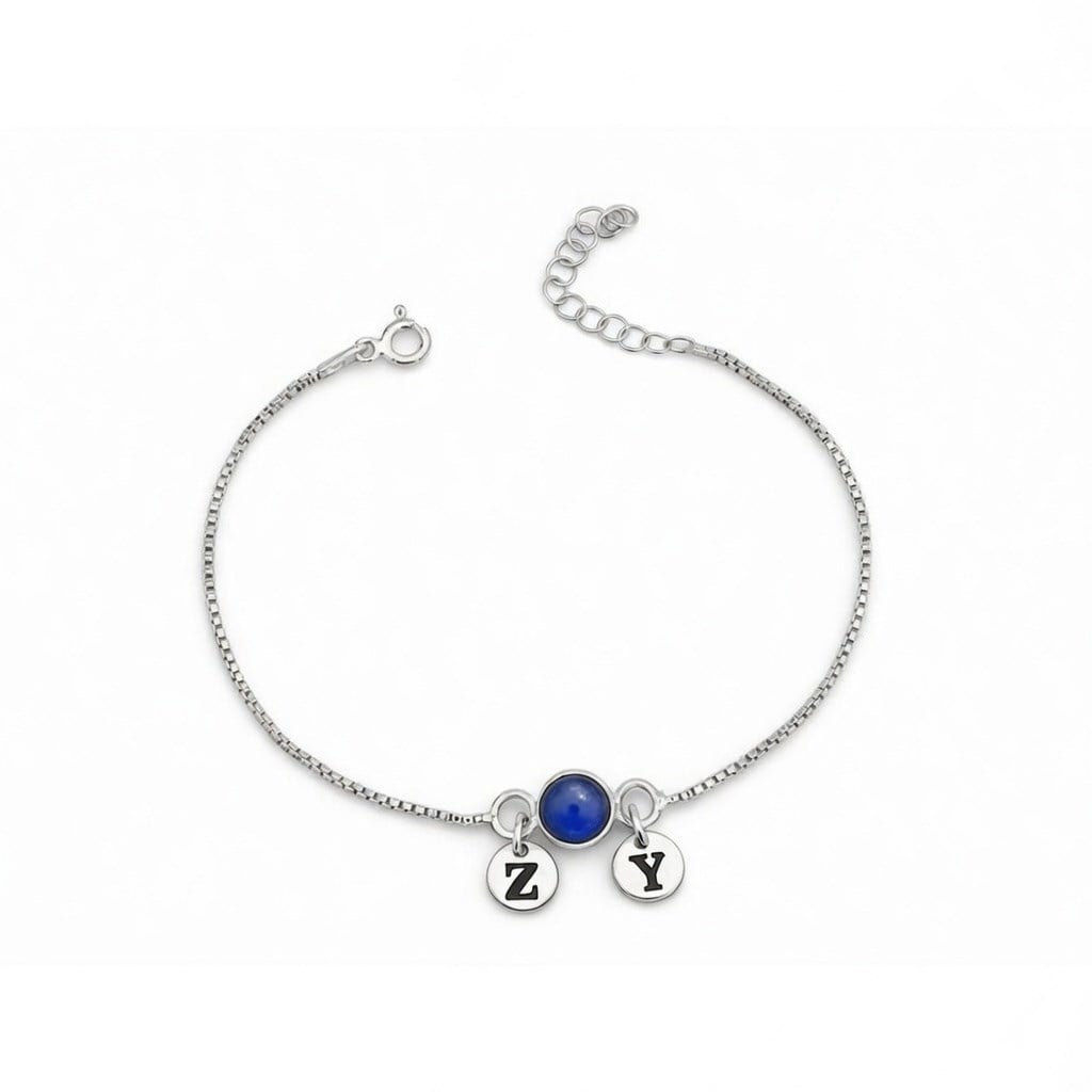 925 Ayar Gümüş Kişiselleştirilebilir Harf Charmlı Mavi Taşlı Bileklik 