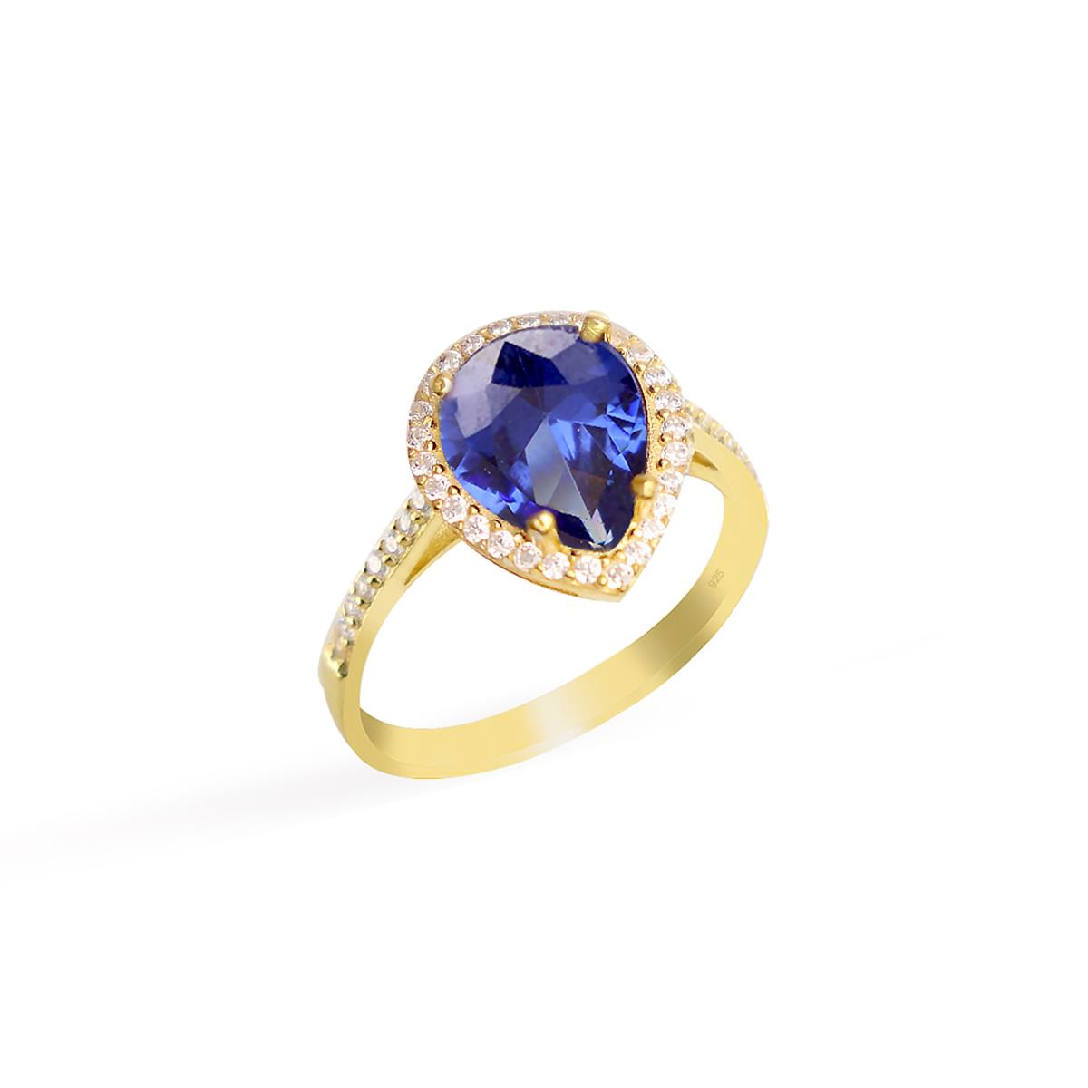 925 Ayar Gümüş Kristal Safir Su Damlası Yüzük