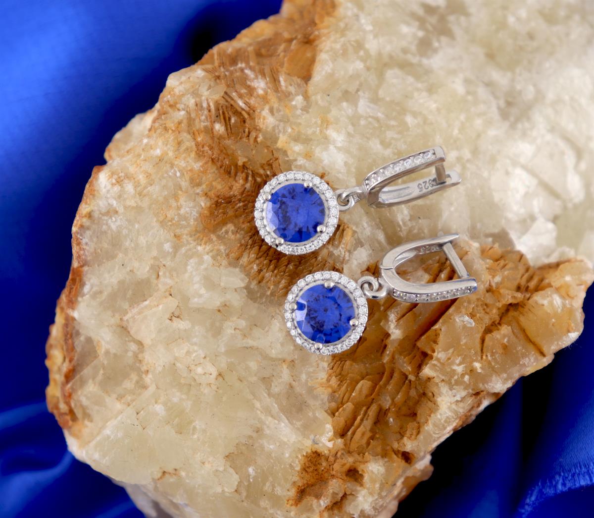 925 Ayar Gümüş Kristal Safir Taşlı Küpe
