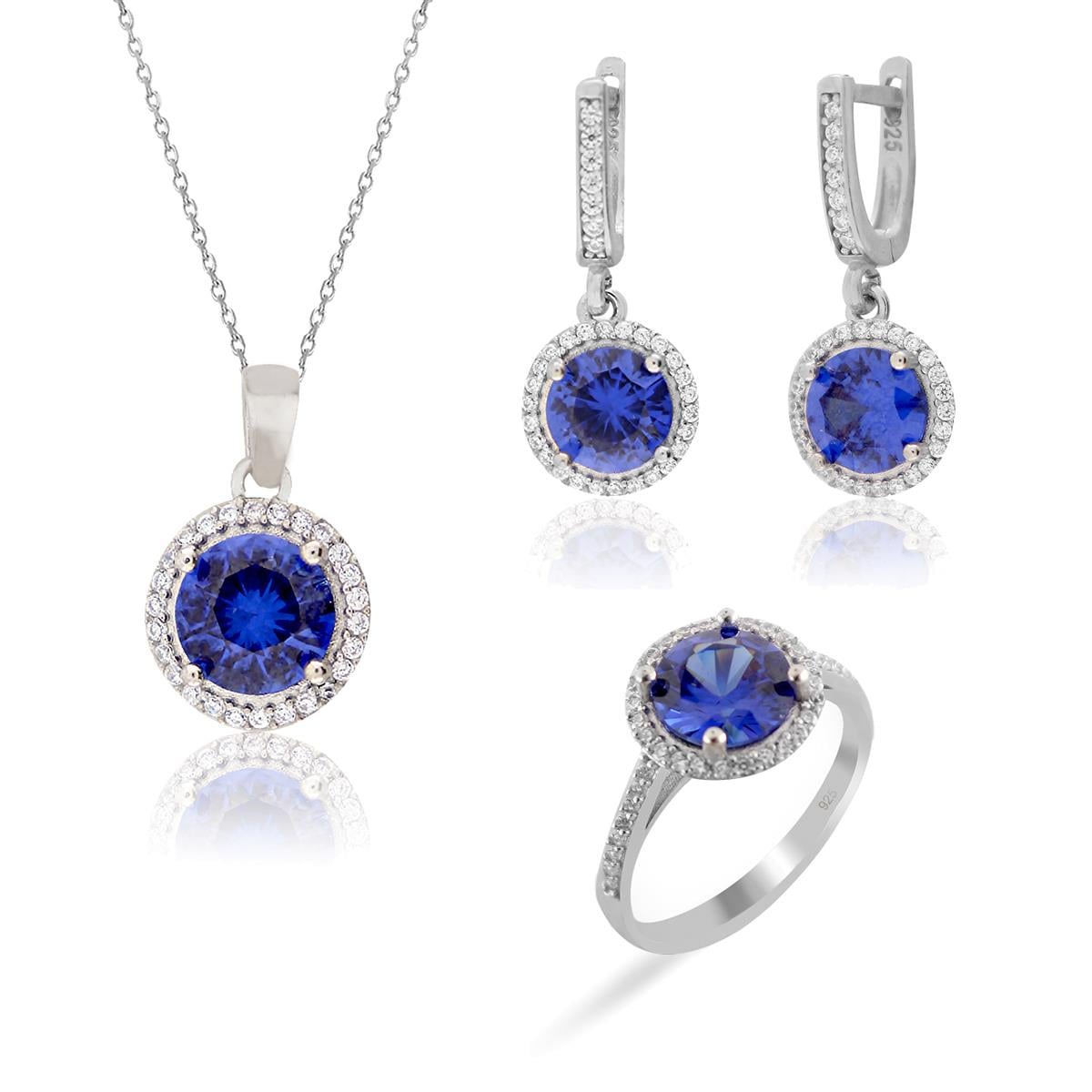 925 Ayar Gümüş Kristal Safir Yuvarlak Taşlı Takı Seti