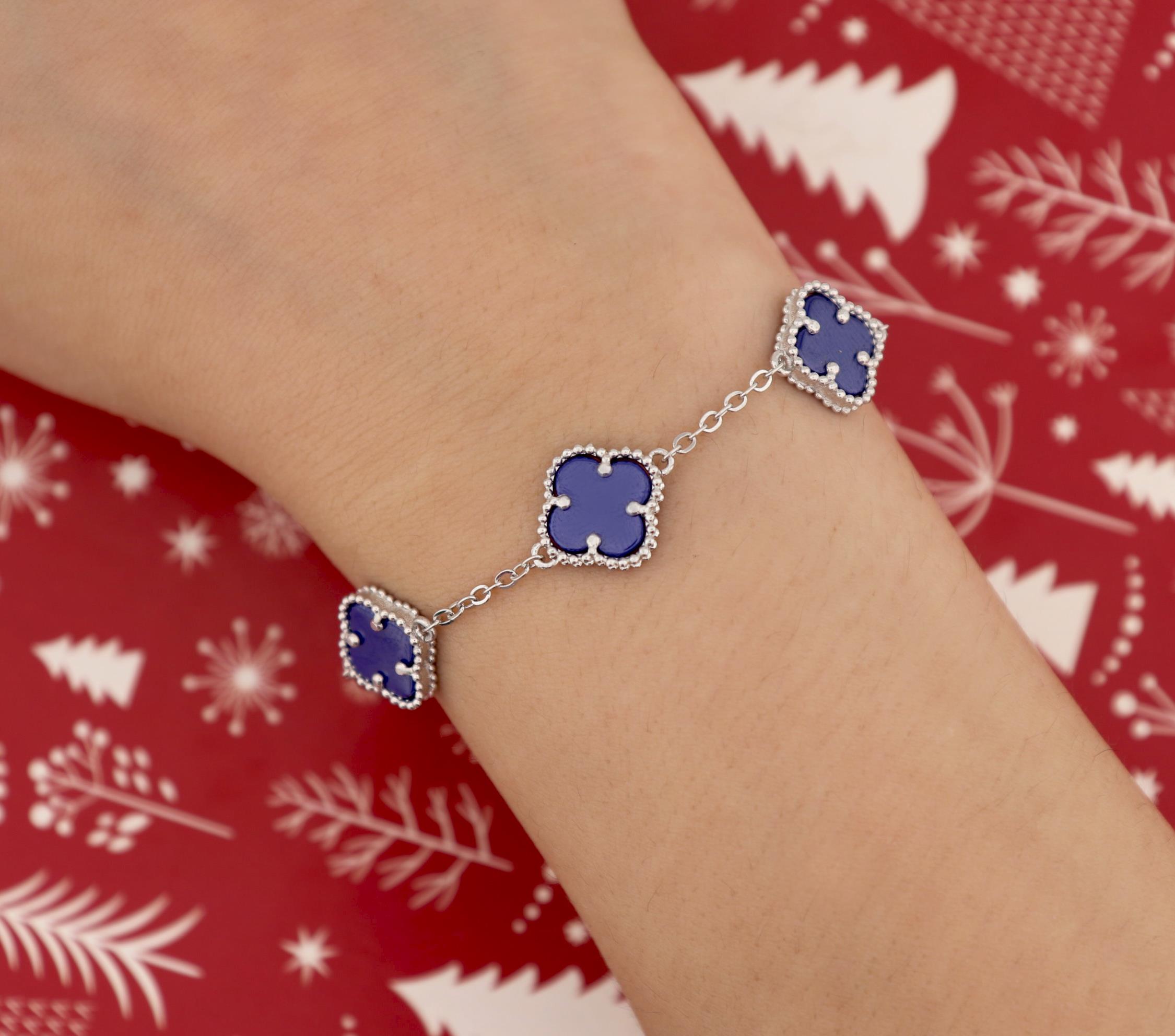 925 Ayar Gümüş Lacivert Taşlı Yonca Bileklik