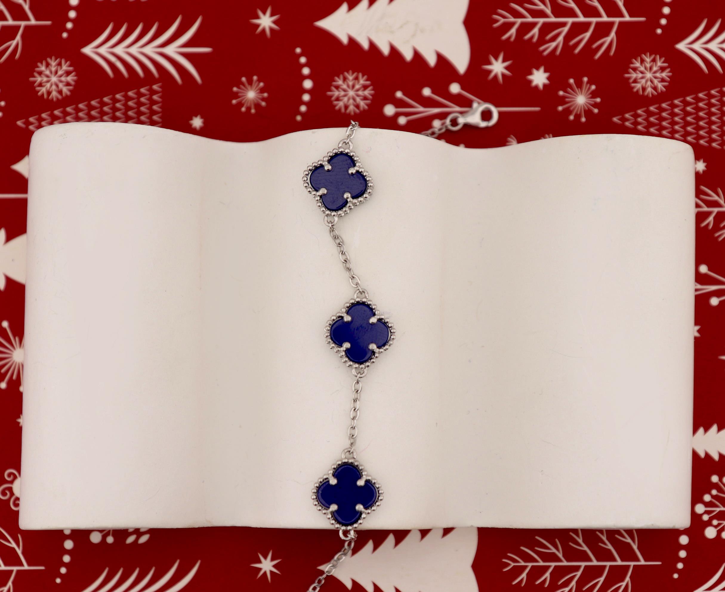 925 Ayar Gümüş Lacivert Taşlı Yonca Bileklik