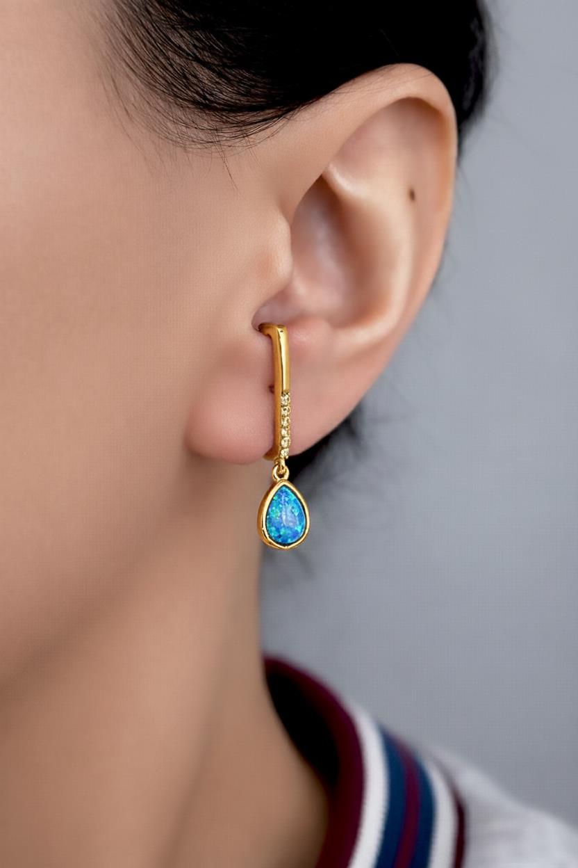 925 Ayar Gümüş Mavi Opal Damla Taşlı Küpe