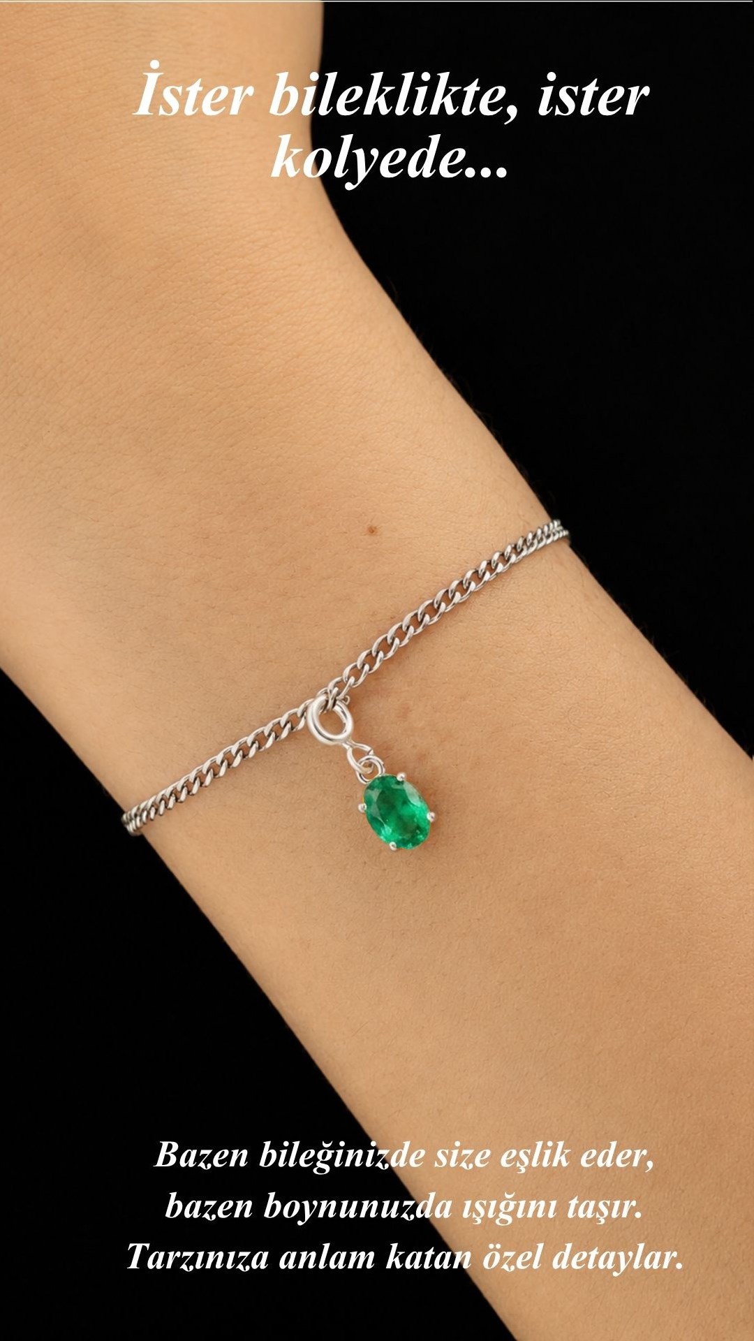 925 Ayar Gümüş Minimal Zümrüt Yeşili Oval Taşlı Charm Kolye Ucu
