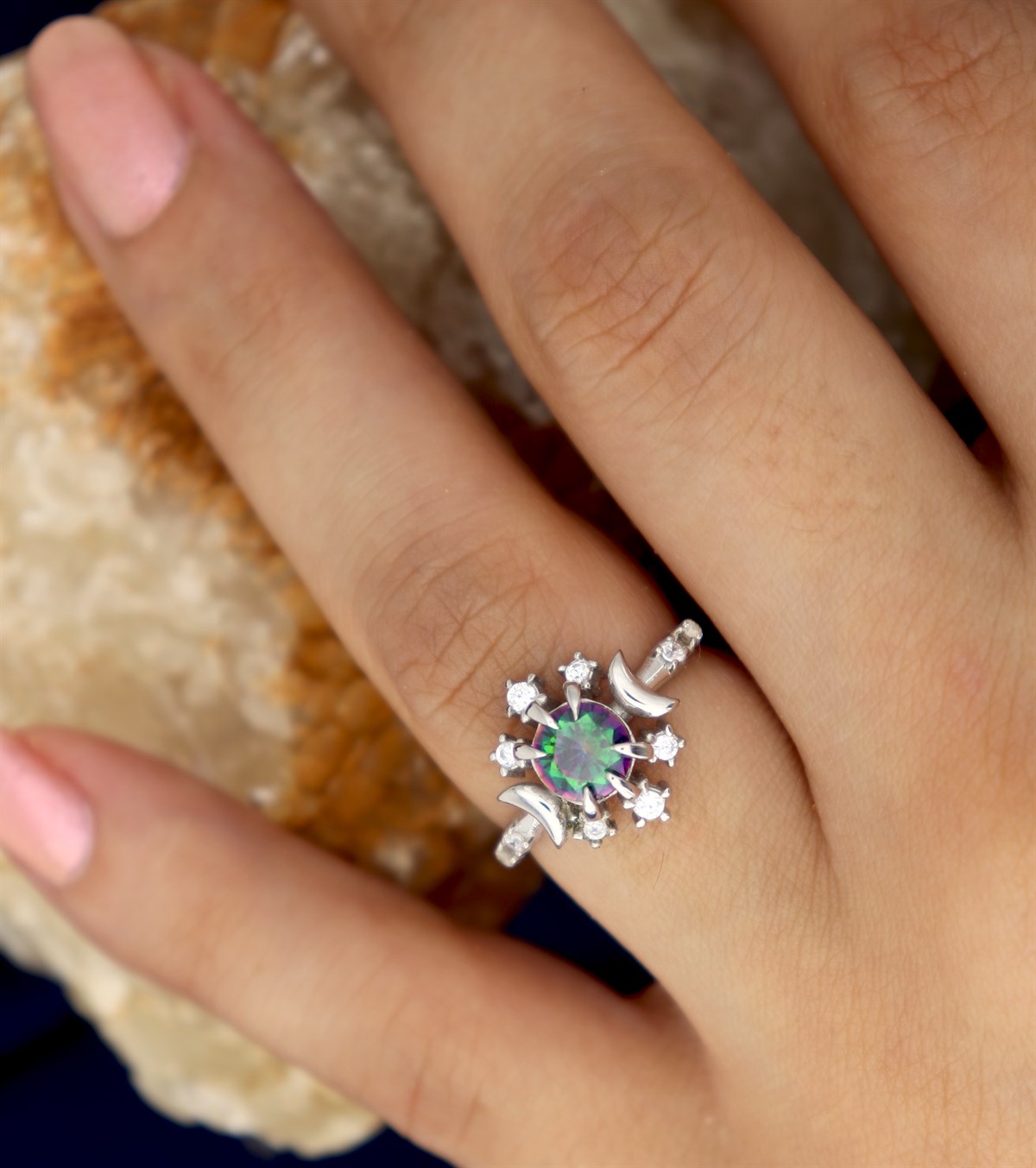 925 Ayar Gümüş Mistik Topaz Tasarım Yüzük