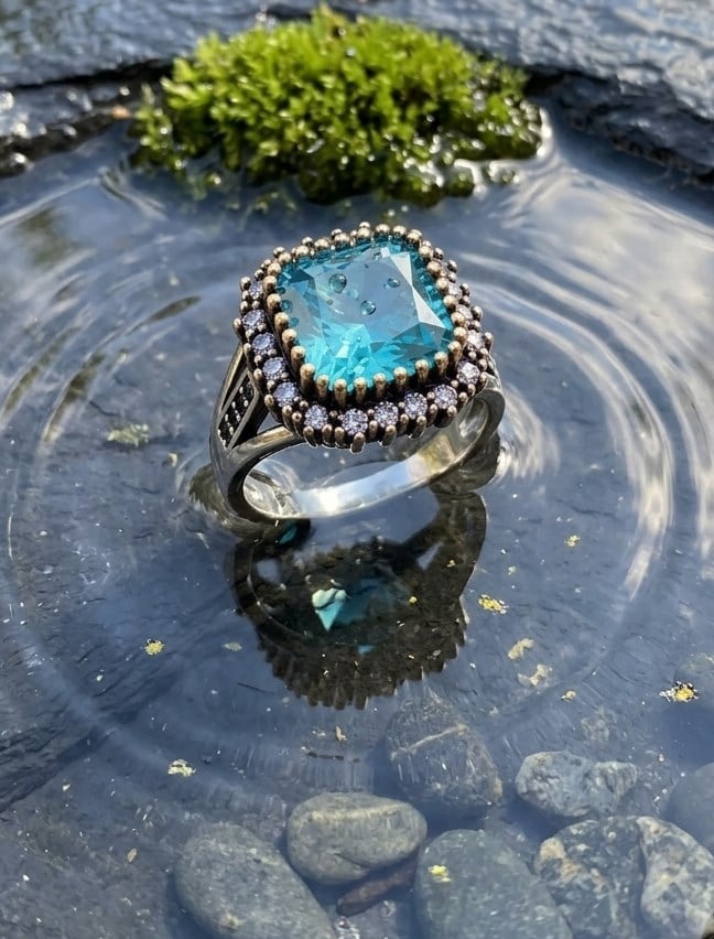925 Ayar Gümüş Otantik Aqua Kare Ice Cut Taşlı Hürrem Yüzük