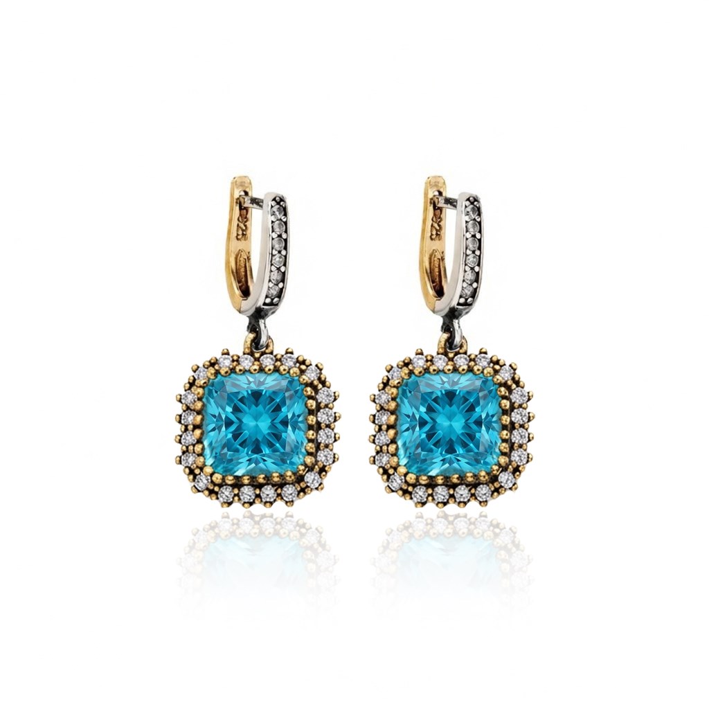 925 Ayar Gümüş Otantik Aqua Kare Ice Cut Taşlı Hürrem Küpe