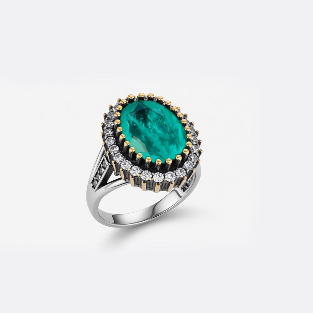 925 Ayar Gümüş Otantik Oval Doğal Paraiba Taşlı Hürrem Yüzük