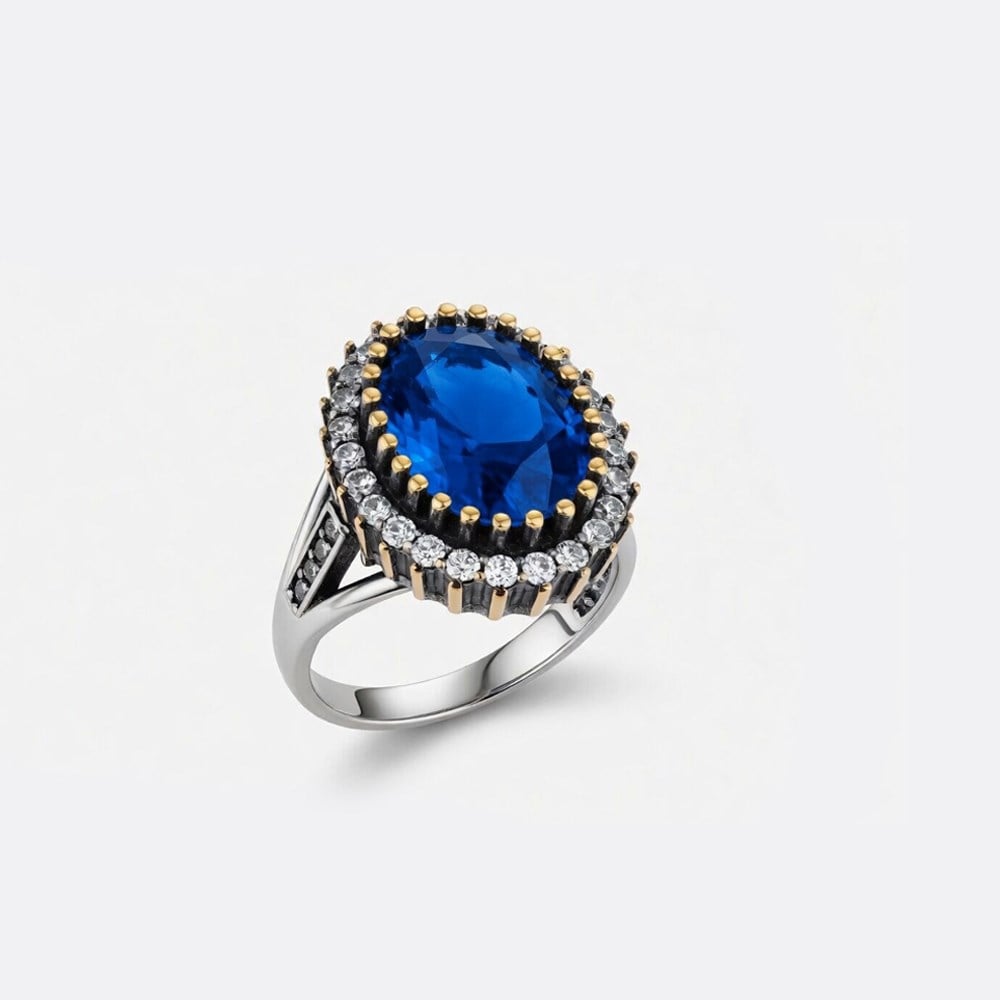 925 Ayar Gümüş Otantik Oval Safir Mavi Taşlı Hürrem Yüzük