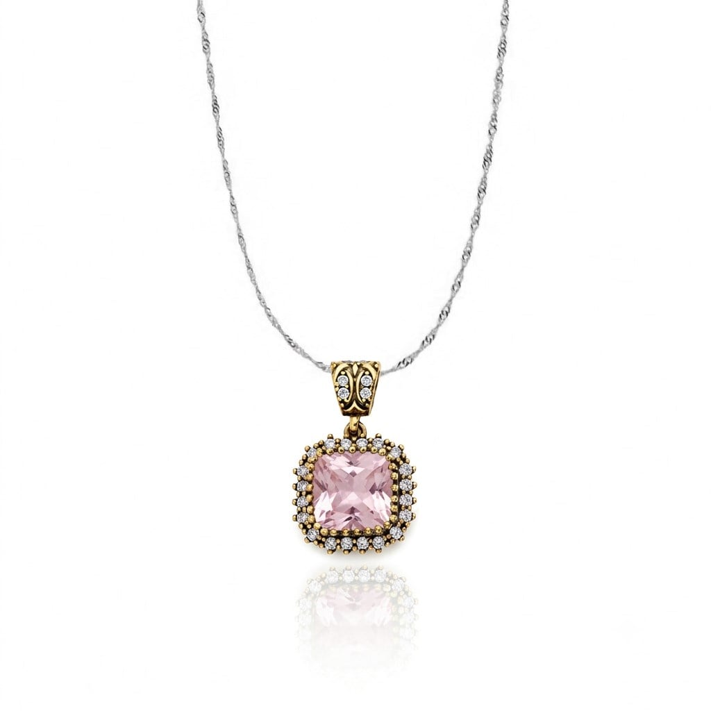 925 Ayar Gümüş Otantik Pembe Kare Ice Cut Taşlı Hürrem Kolye