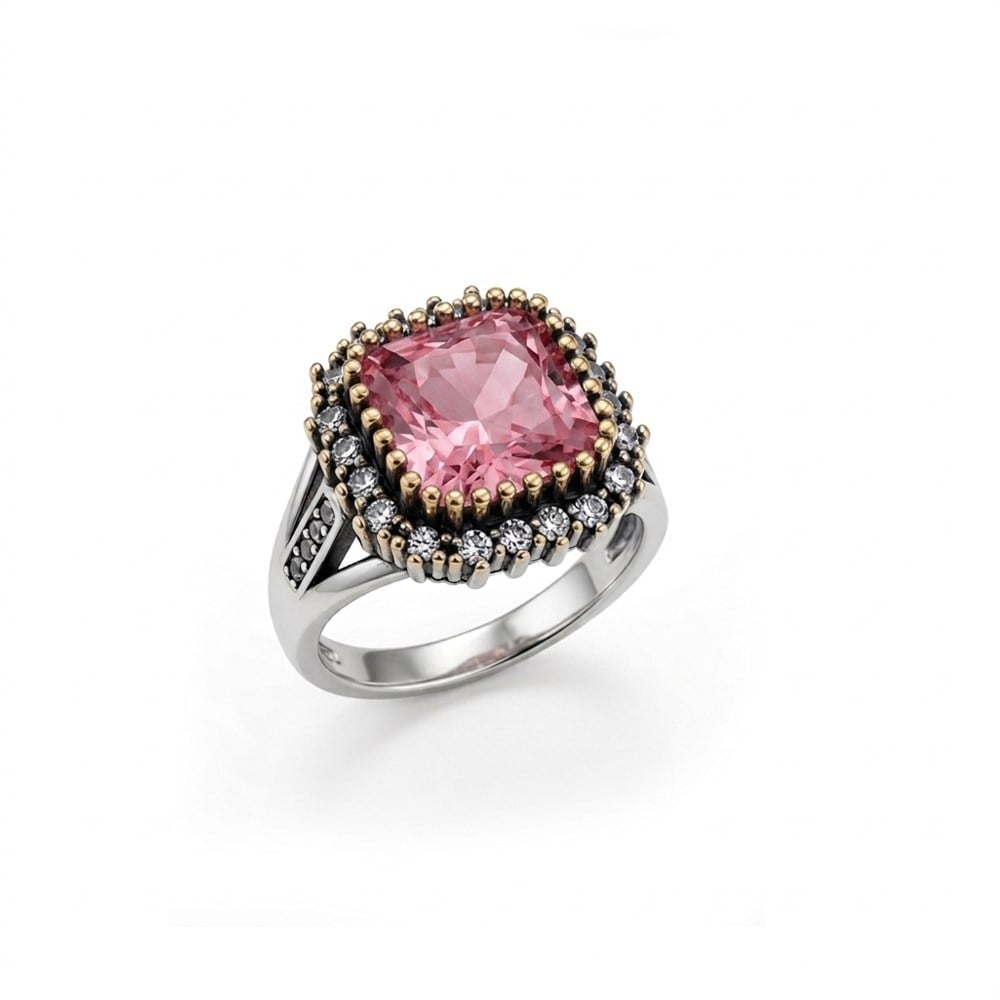 925 Ayar Gümüş Otantik Pembe Kare Ice Cut Taşlı Hürrem Yüzük