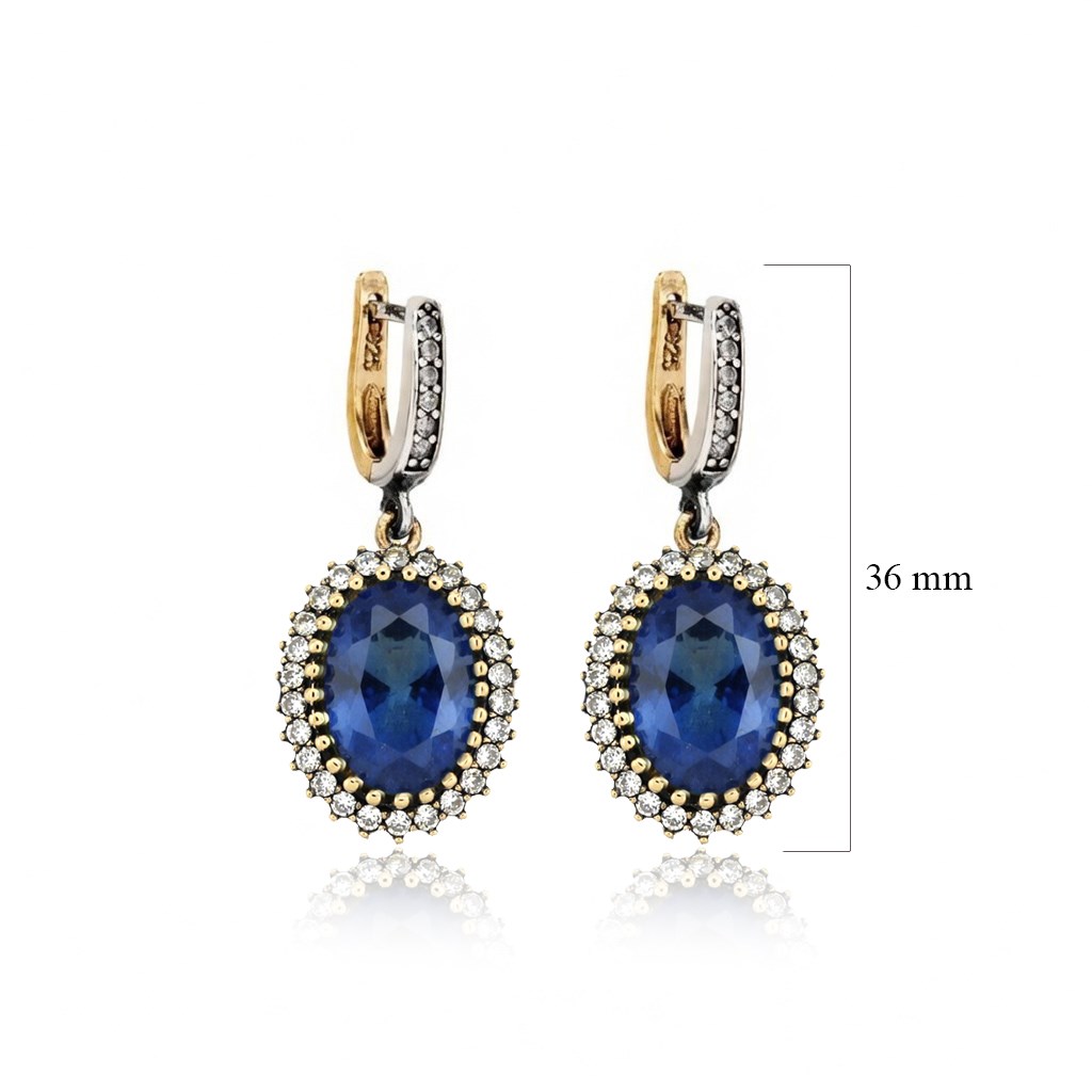 925 Ayar Gümüş Otantik Safir Mavisi Oval Taşlı Hürrem Küpe