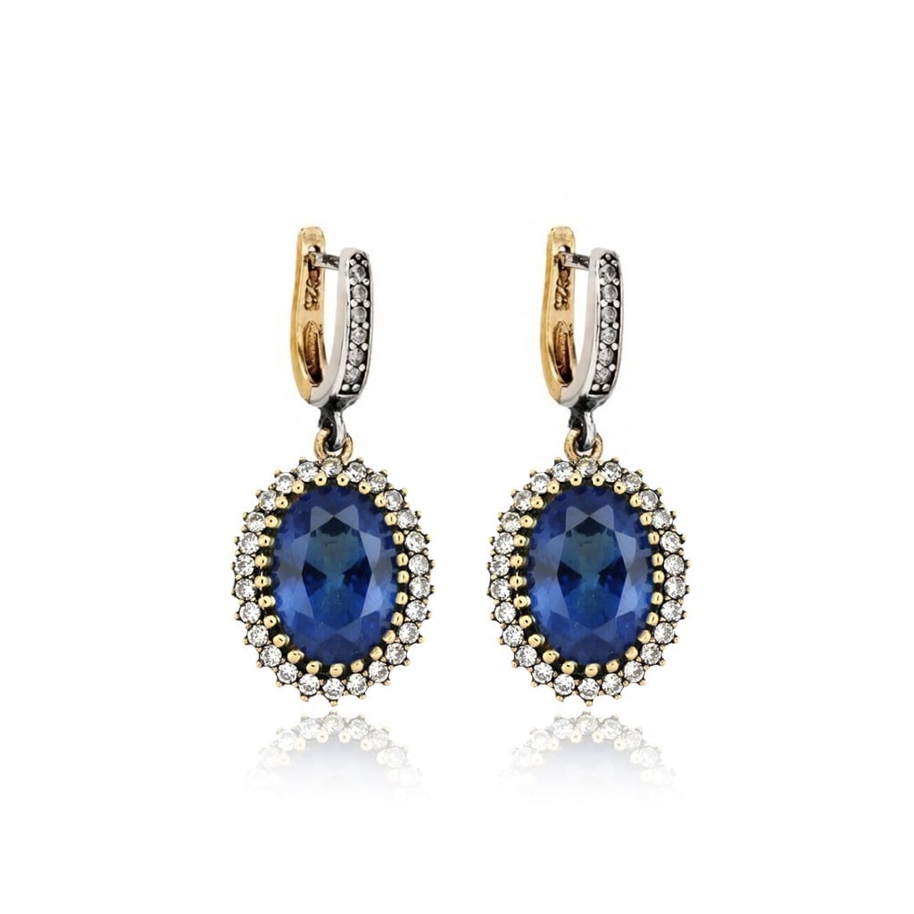925 Ayar Gümüş Otantik Safir Mavisi Oval Taşlı Hürrem Küpe