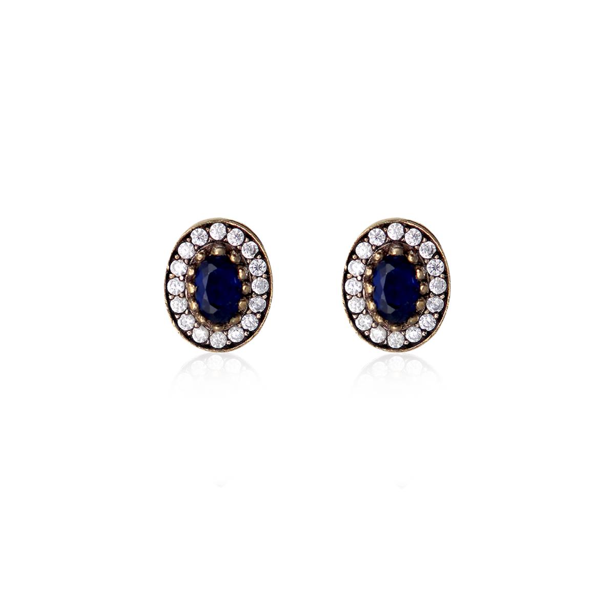 925 Ayar Gümüş Otantik Safir Oval Taş Küpe