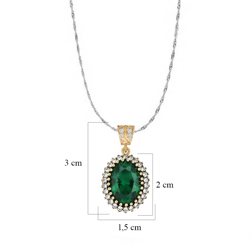 925 Ayar Gümüş Otantik Zümrüt Yeşili Oval Taşlı Hürrem Kolye