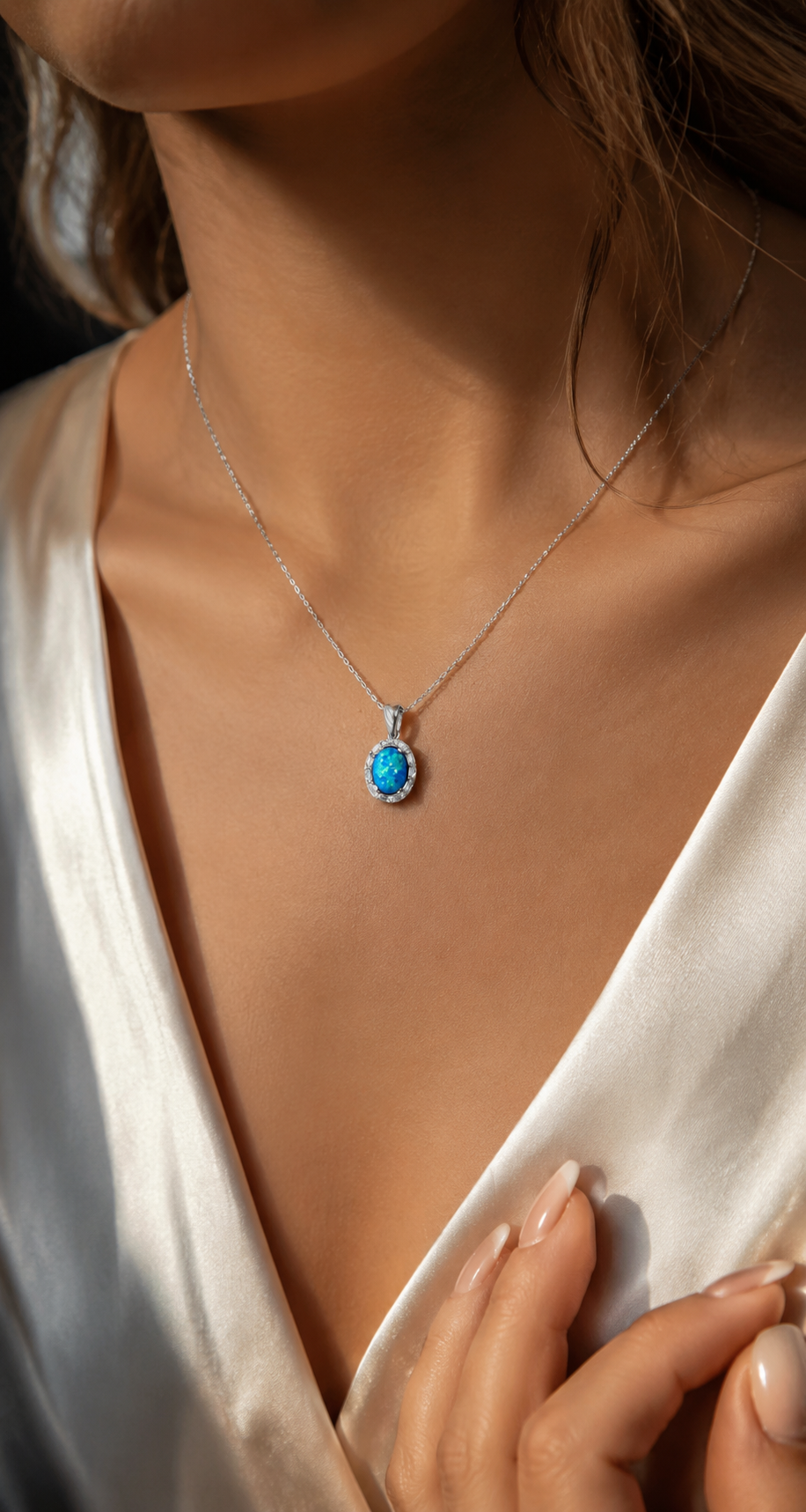 925 Ayar Gümüş Oval Opal Taşlı Kolye