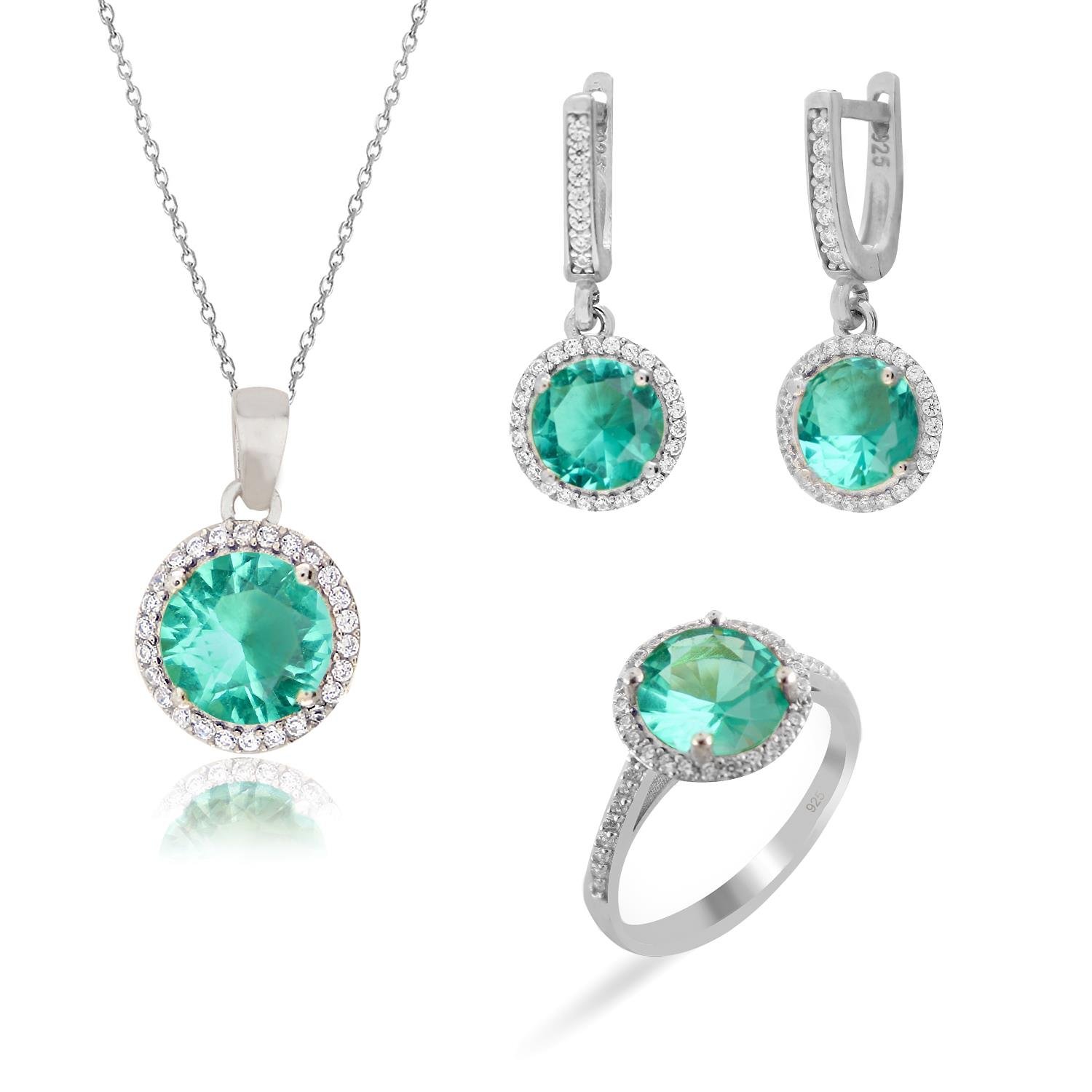 925 Ayar Gümüş Paraiba Yuvarlak Taşlı Takı Seti