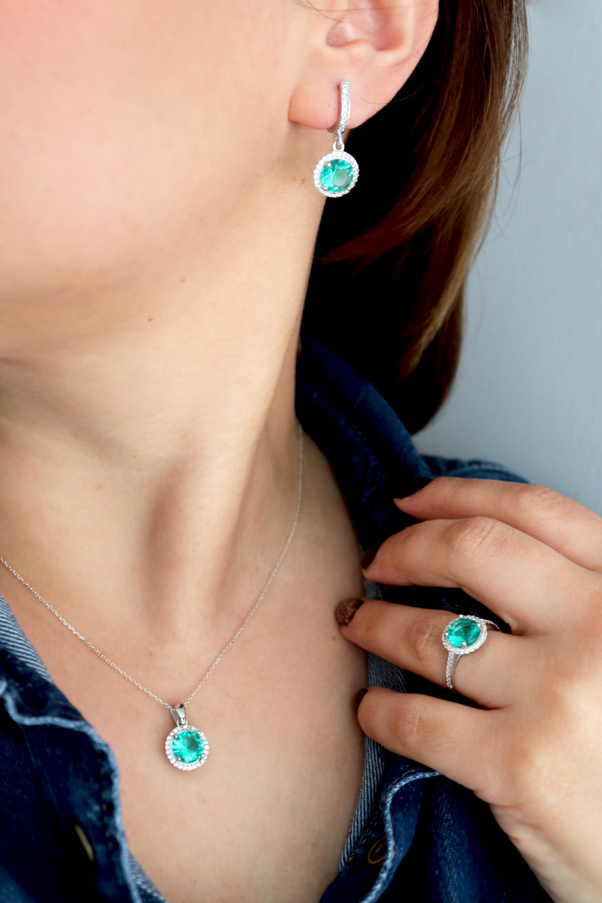 925 Ayar Gümüş Paraiba Yuvarlak Taşlı Takı Seti