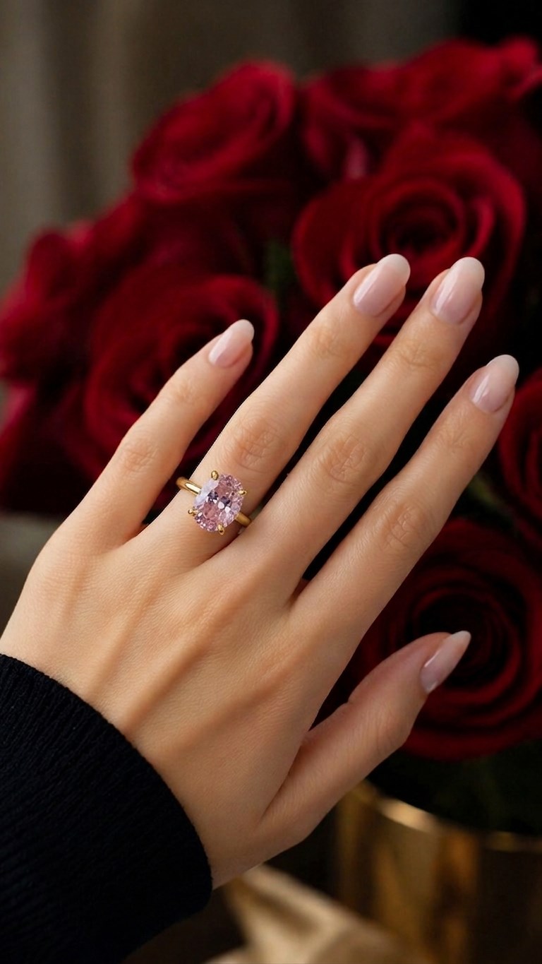 925 Ayar Gümüş Pembe Işıltılı Oval Kesim (Ice Cut) Taşlı Yüzük