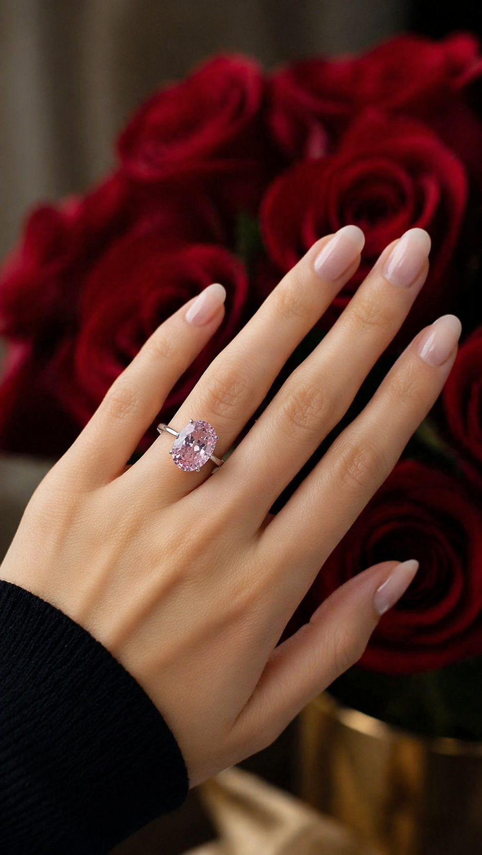 925 Ayar Gümüş Pembe Işıltılı Oval Kesim (Ice Cut) Taşlı Yüzük