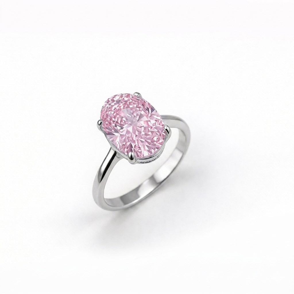 925 Ayar Gümüş Pembe Işıltılı Oval Kesim (Ice Cut) Taşlı Yüzük