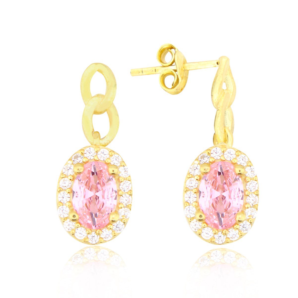 925 Ayar Gümüş Pembe Oval Taş Takı Seti Zincir Detay