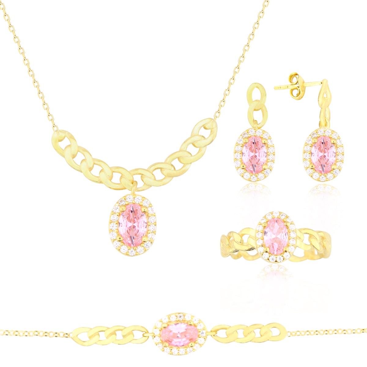 925 Ayar Gümüş Pembe Oval Taş Takı Seti Zincir Detay