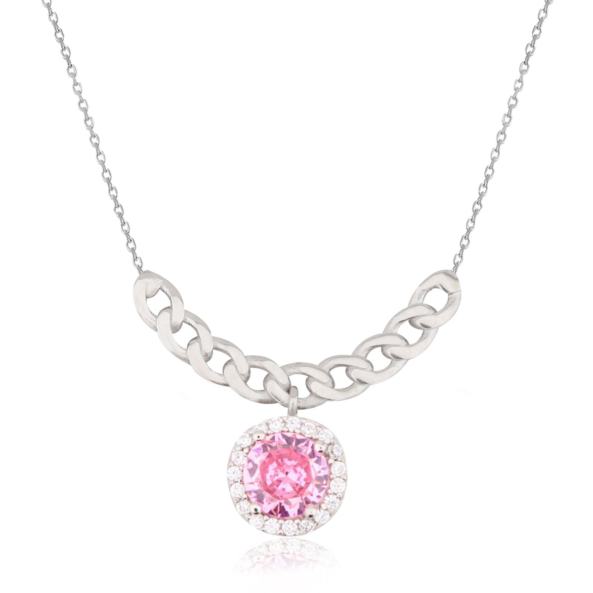 925 Ayar Gümüş Pembe Taşlı Takı Seti Zincir Detay