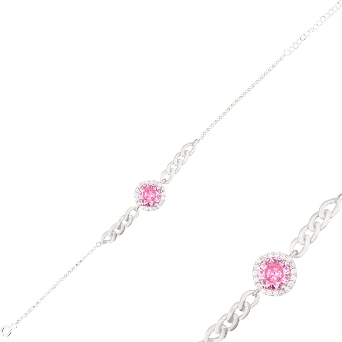 925 Ayar Gümüş Pembe Taşlı Takı Seti Zincir Detay