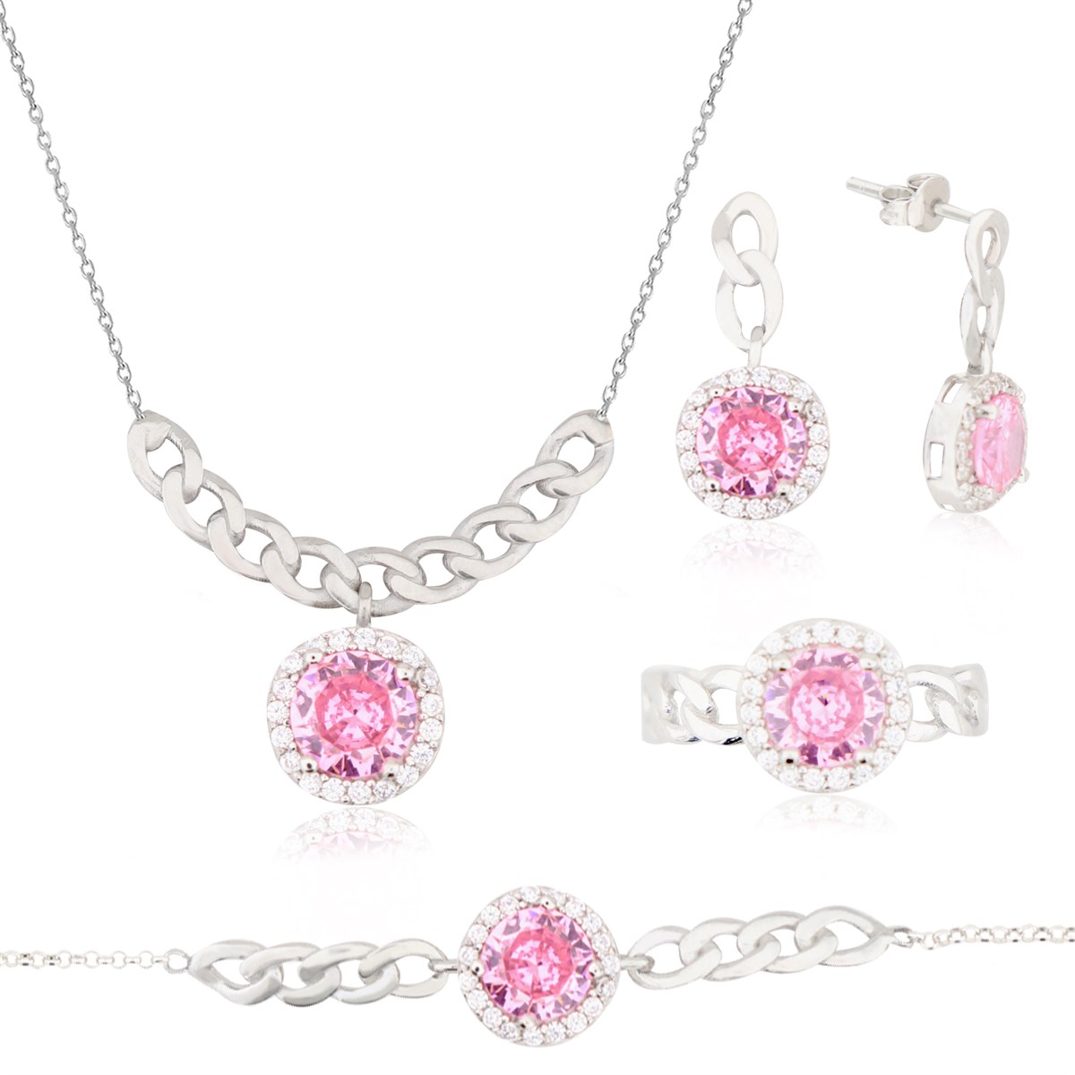 925 Ayar Gümüş Pembe Taşlı Takı Seti Zincir Detay
