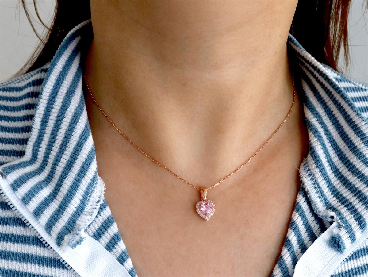 925 Ayar Gümüş Pembe Taşlı Kalp Kolye