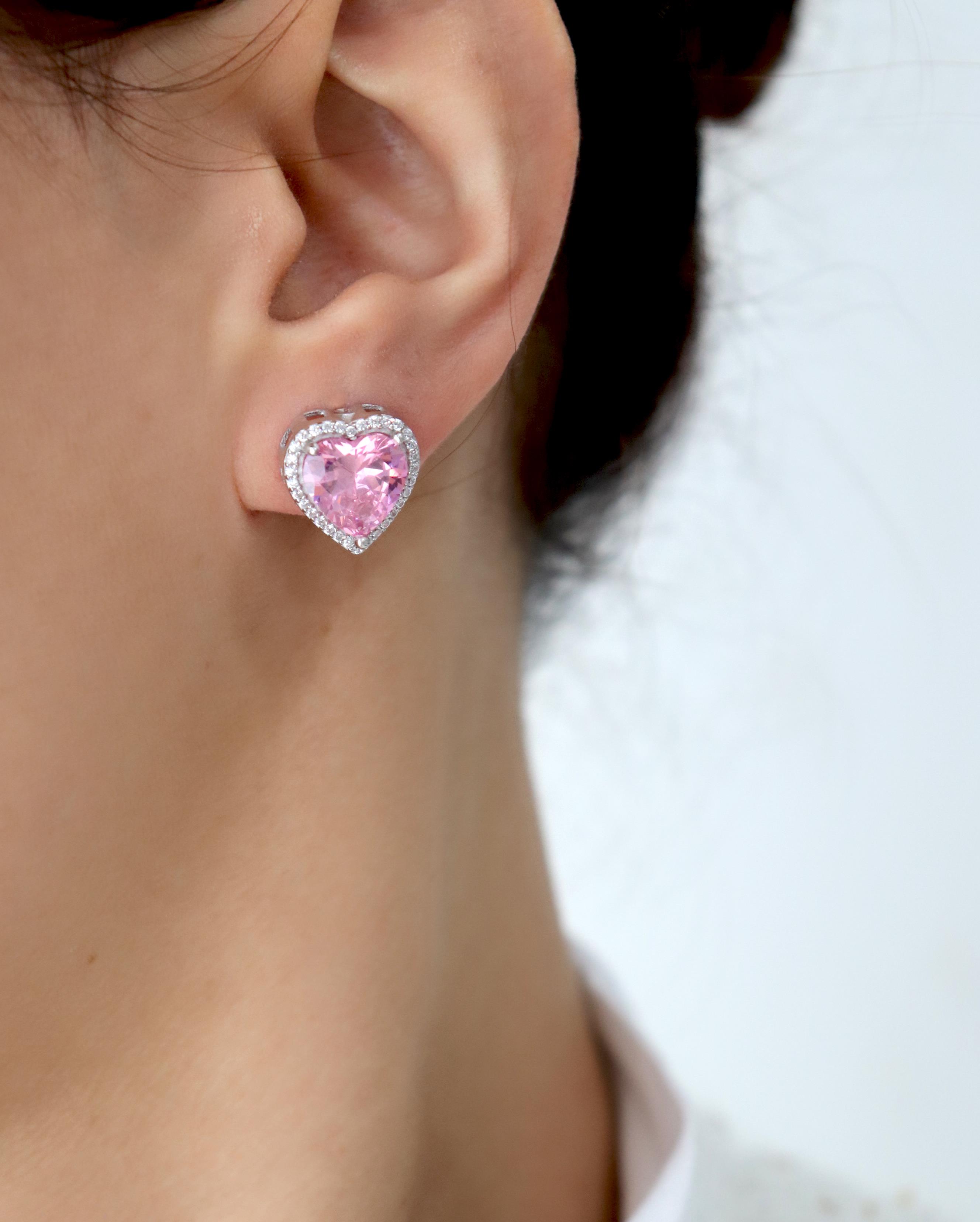 925 Ayar Gümüş Pembe Taşlı Kalp Küpe