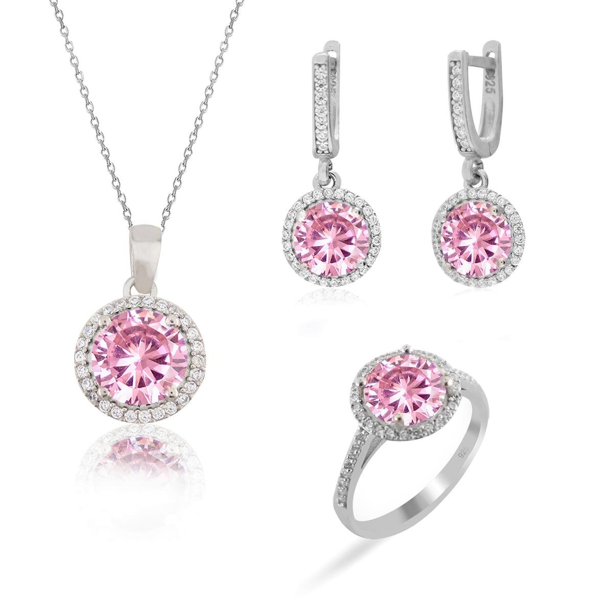 925 Ayar Gümüş Pembe Yuvarlak Taşlı Takı Seti