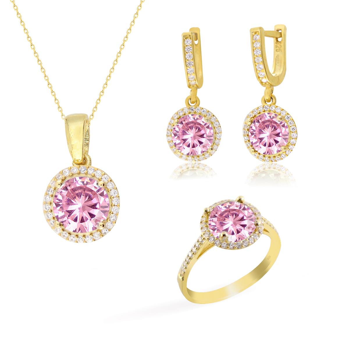 925 Ayar Gümüş Pembe Yuvarlak Taşlı Takı Seti