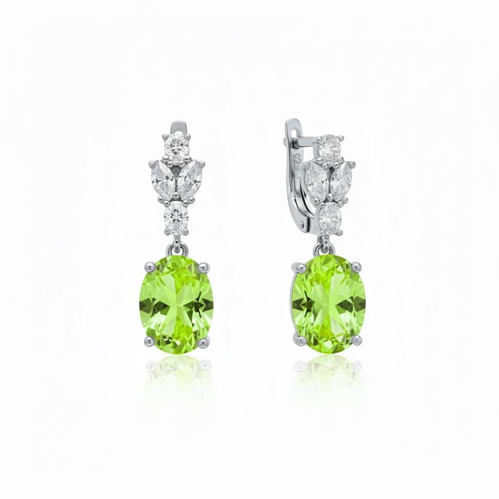 925 Ayar Gümüş Peridot Elmas Kesim Oval Küpe