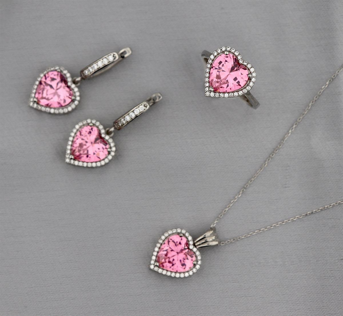 925 Ayar Gümüş Pırlanta Montür Pembe Kalp Takı Seti