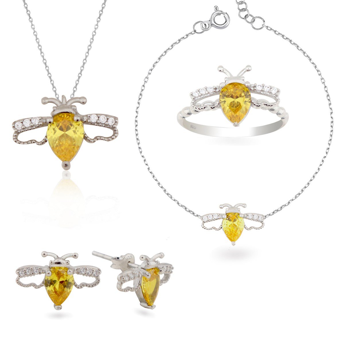 925 Ayar Gümüş Rodyumlu  Sitrin Arı Tasarım Takı Seti