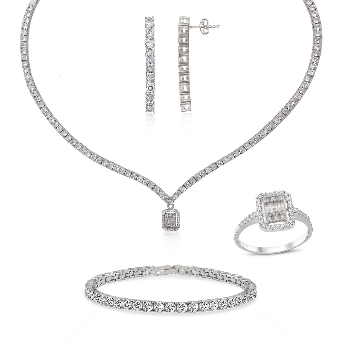 925 Ayar Gümüş Rodyumlu Su Yolu Baget Düğün Takı Seti