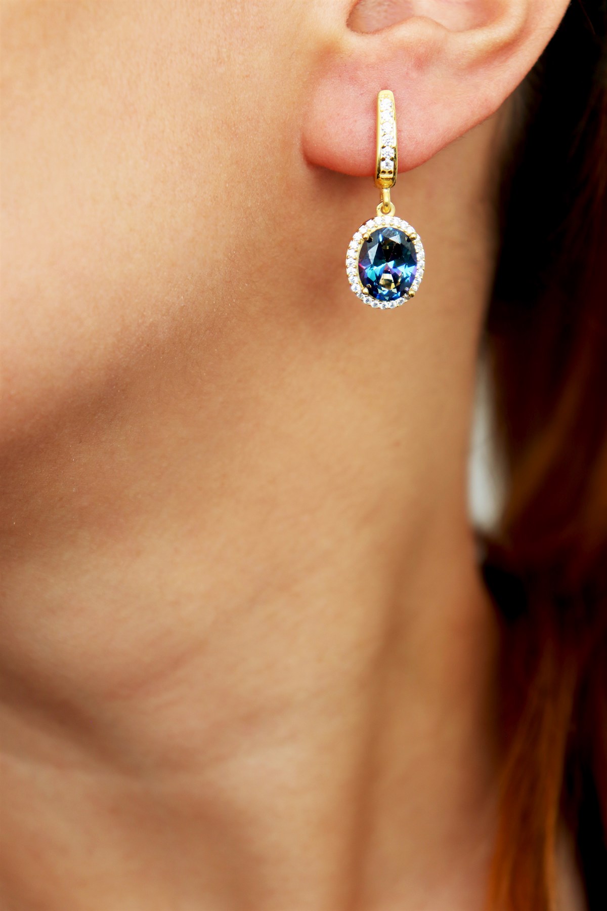 925 Ayar Gümüş Gold Blue Topaz Sallantılı Küpe