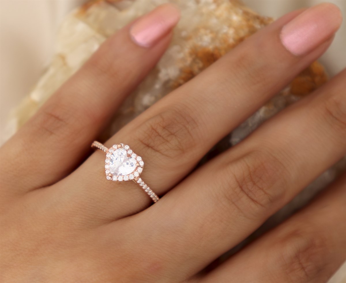 925 Ayar Gümüş Rose Gold Swarovski Kalp Yüzük