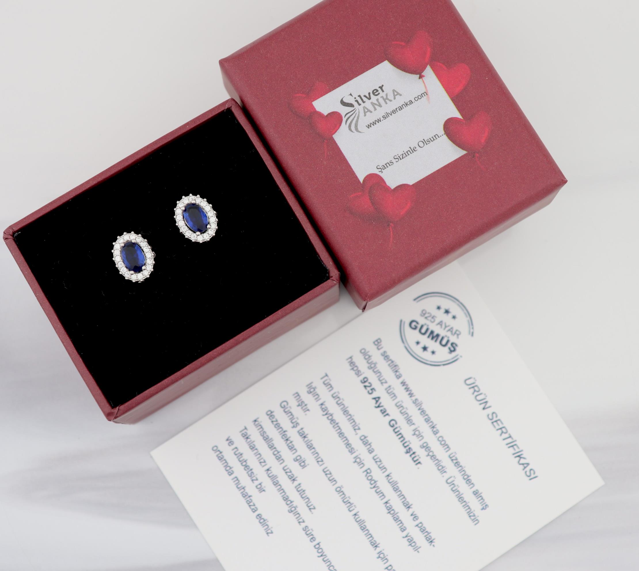 925 Ayar Gümüş Safir Oval Taşlı Anturaj Küpe