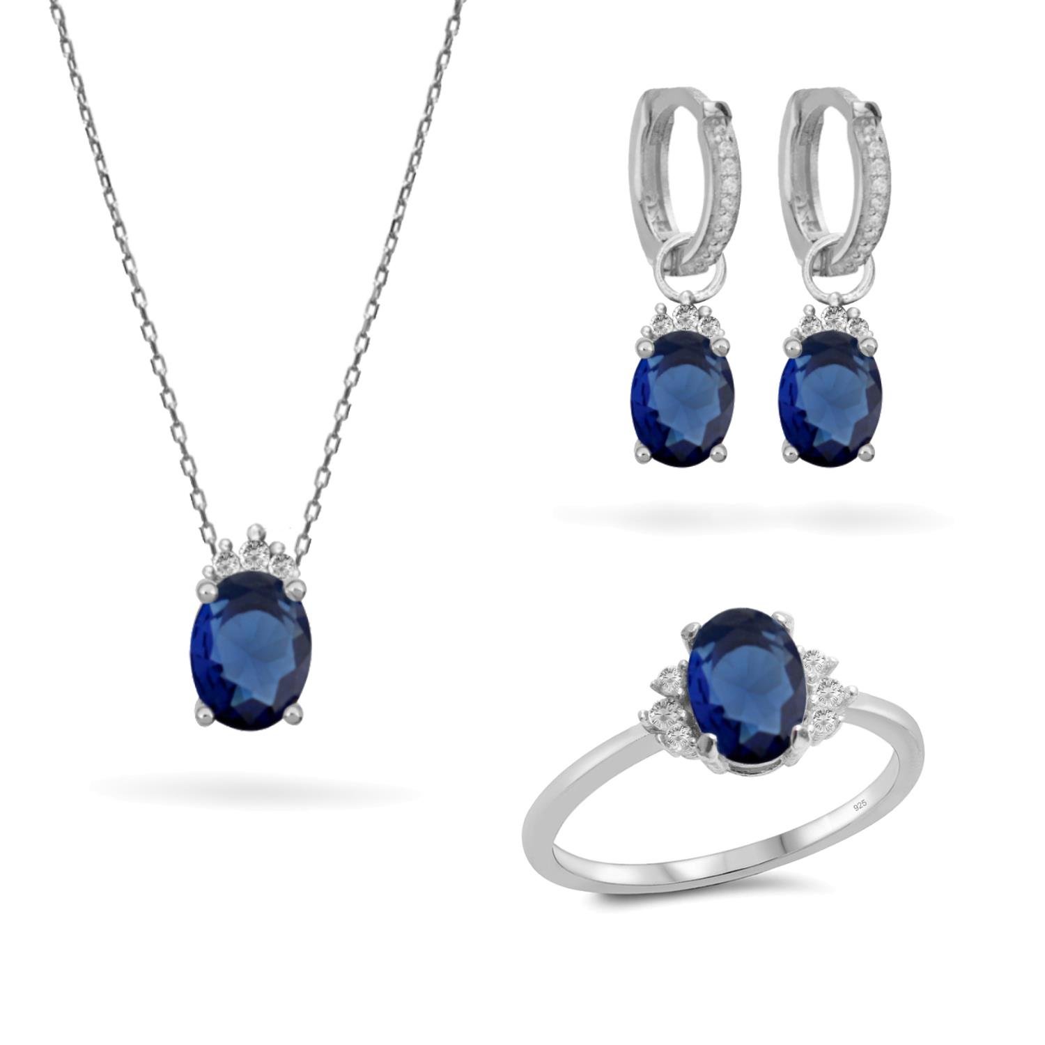 925 Ayar Gümüş Safir Oval Taşlı Trend Takı Seti