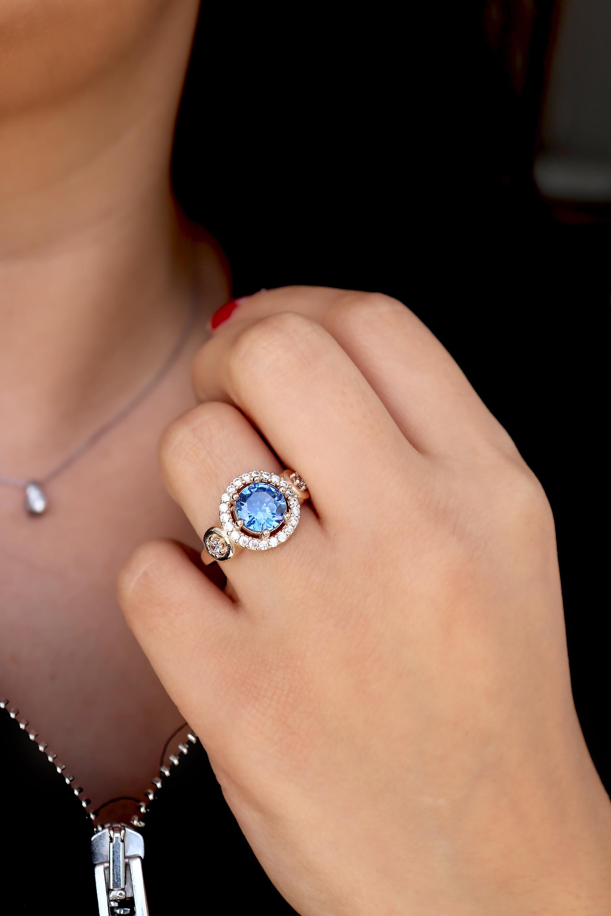 925 Ayar Gümüş Safir Yuvarlak Taşlı Otantik Yüzük